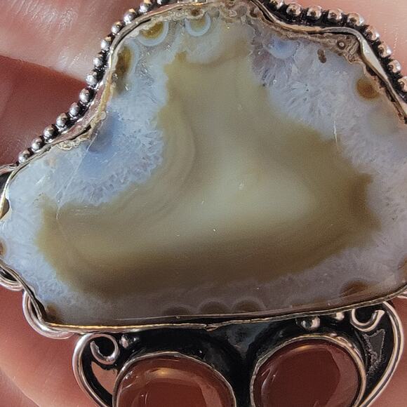 Agate Slice Pendant Necklace – With Carnelian & Pearl + 20" Sterling Chain - Picture 6 of 10